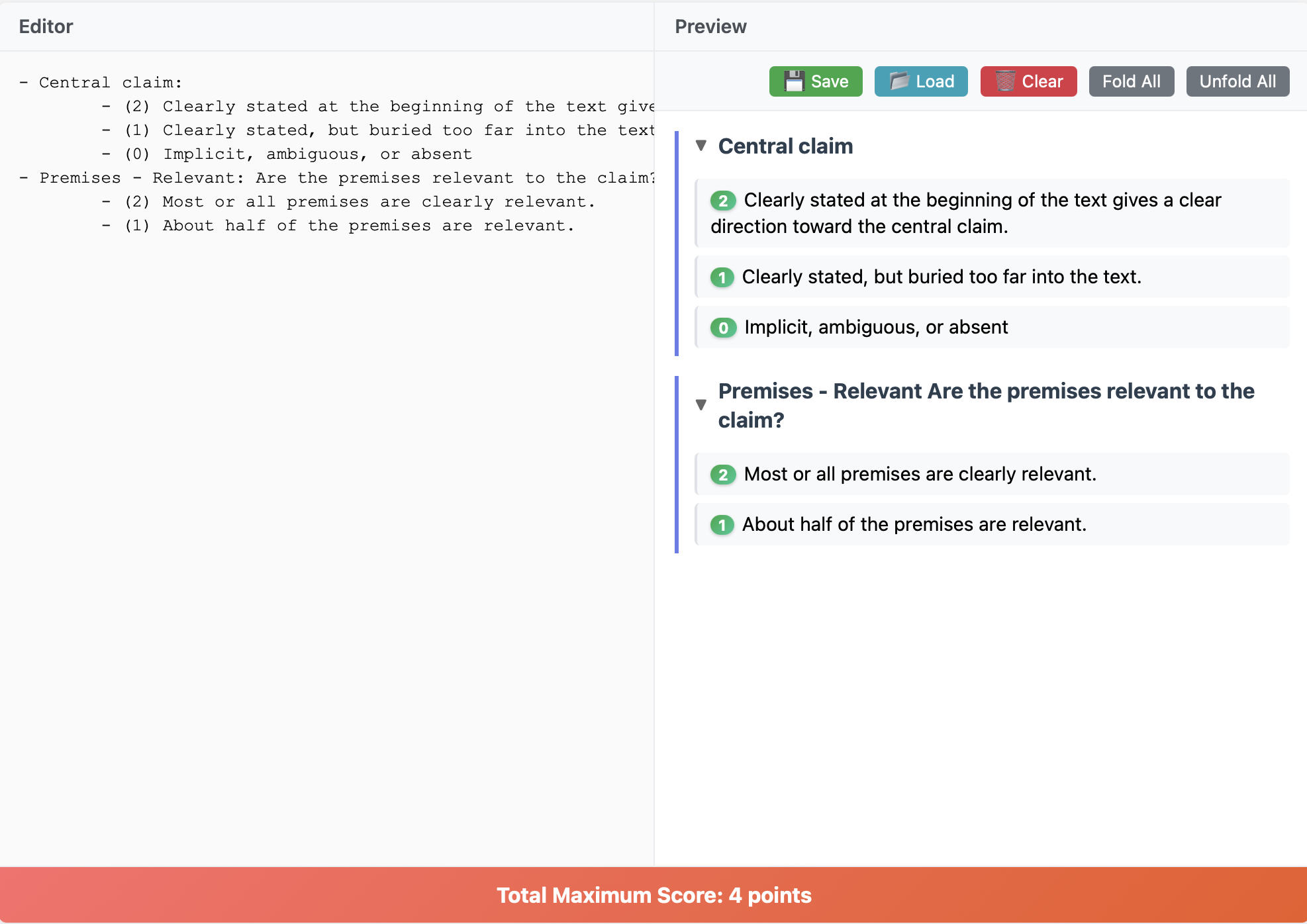 Screenshot of rubric editor tool