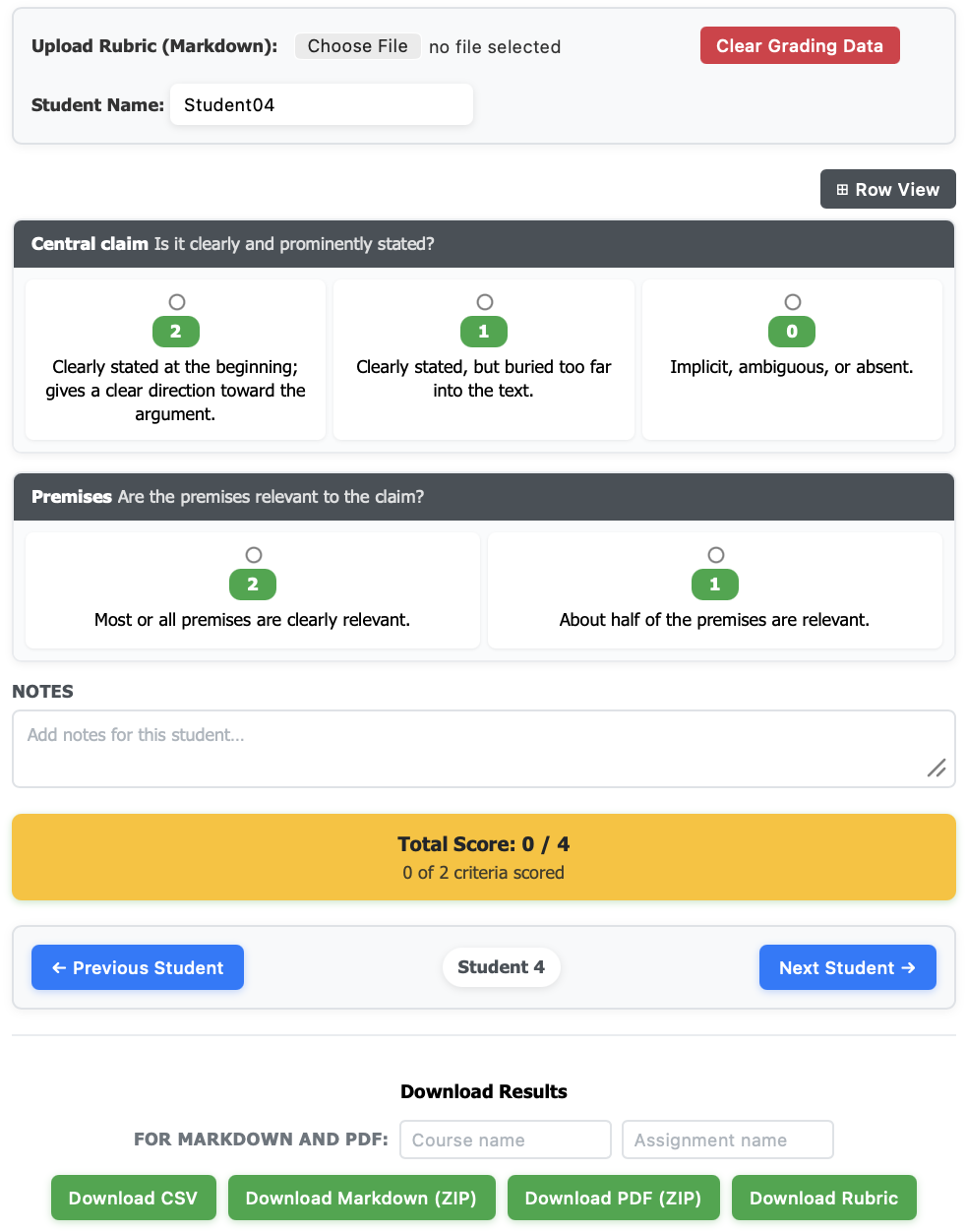 Screenshot of rubric grading tool